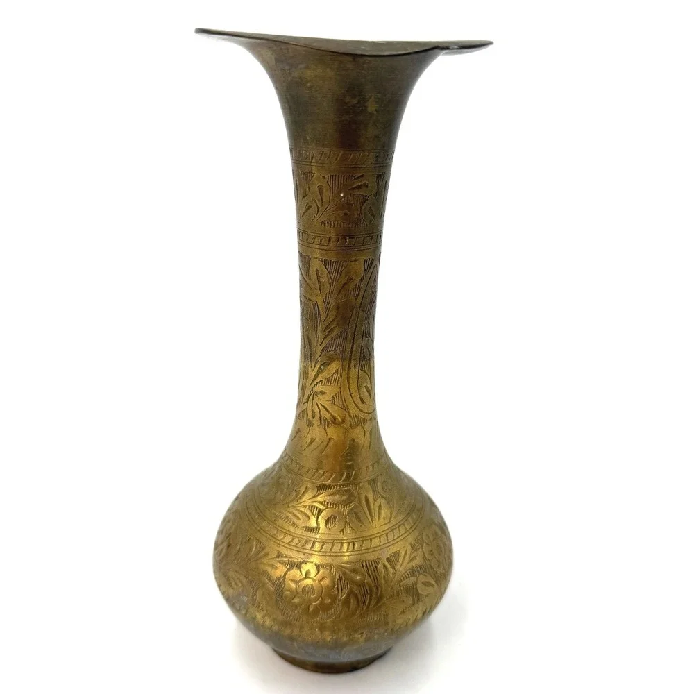 Vintage Etched Brass Bud Vase Floral Hand Engraved Gold Tone 8.5‎ Inch India